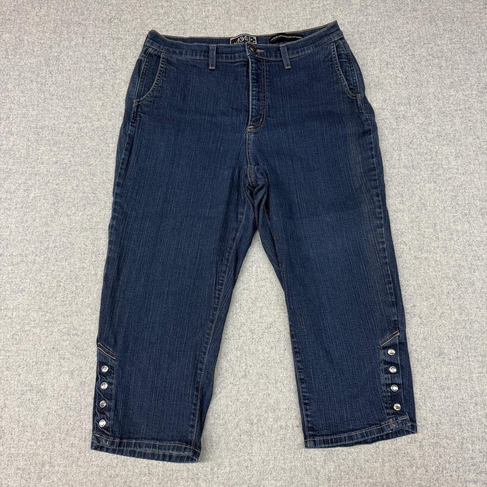 NYDJ Denim Capris Size 14 Blue Rhinestone Button Hem Cropped Stretch Jeans 7001